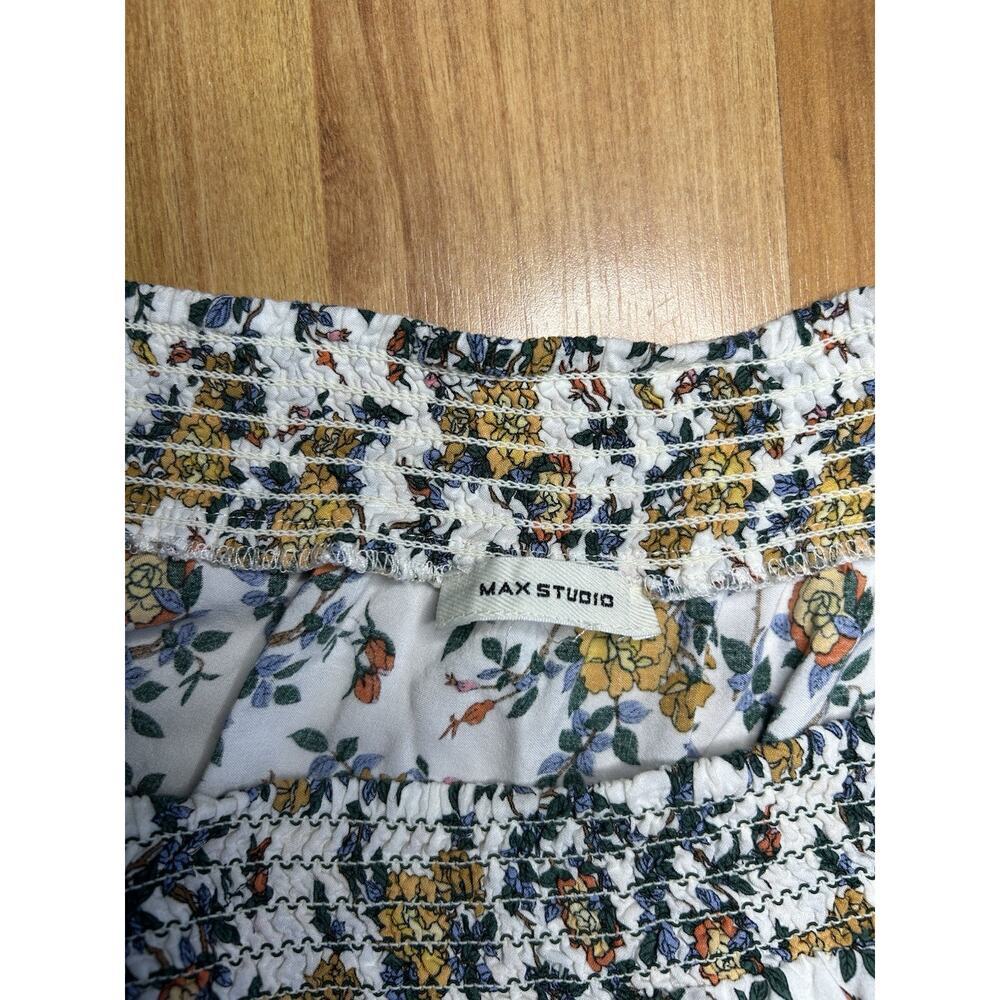 Max Studio Buttery Yellow Floral Tiered Skirt Smocked Waist Boho Coquette Size M - Picture 6 of 8